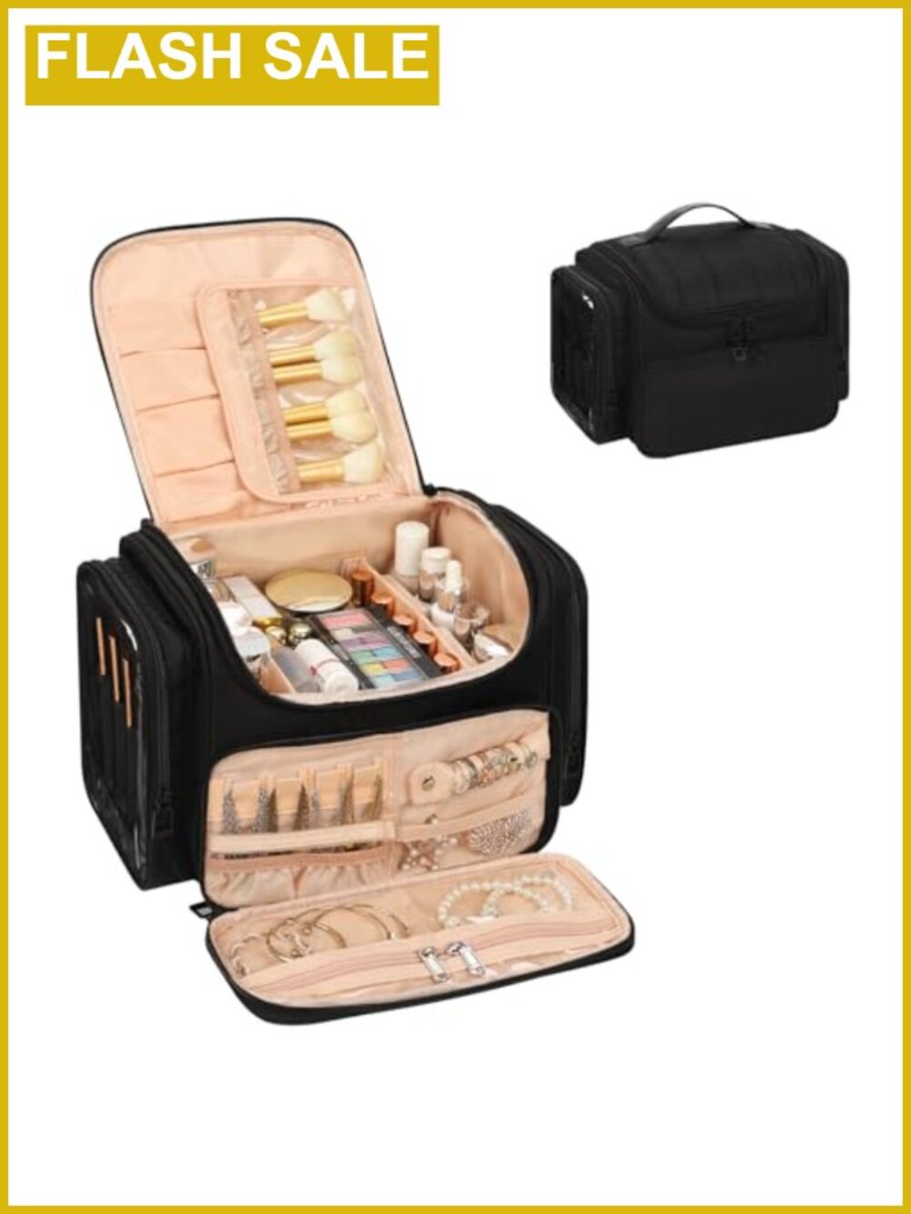 Large Makeup Travel Bag with Jewelry Organizer, Nylon, Multiple Pockets